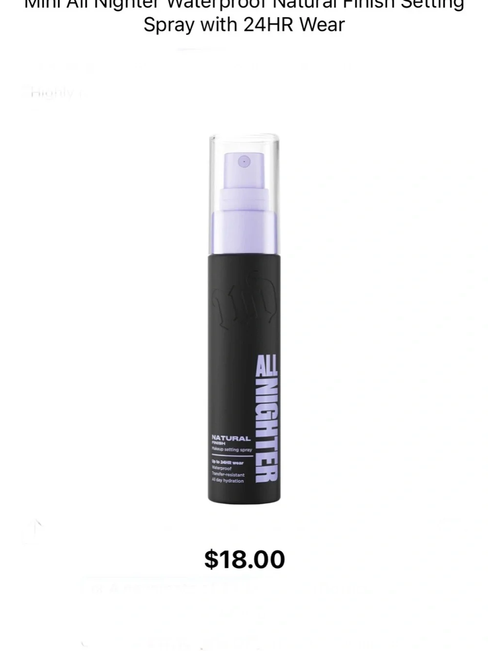 NEW Urban Decay All Nighter Natural Finish Makeup Setting Spray 15ml travel size